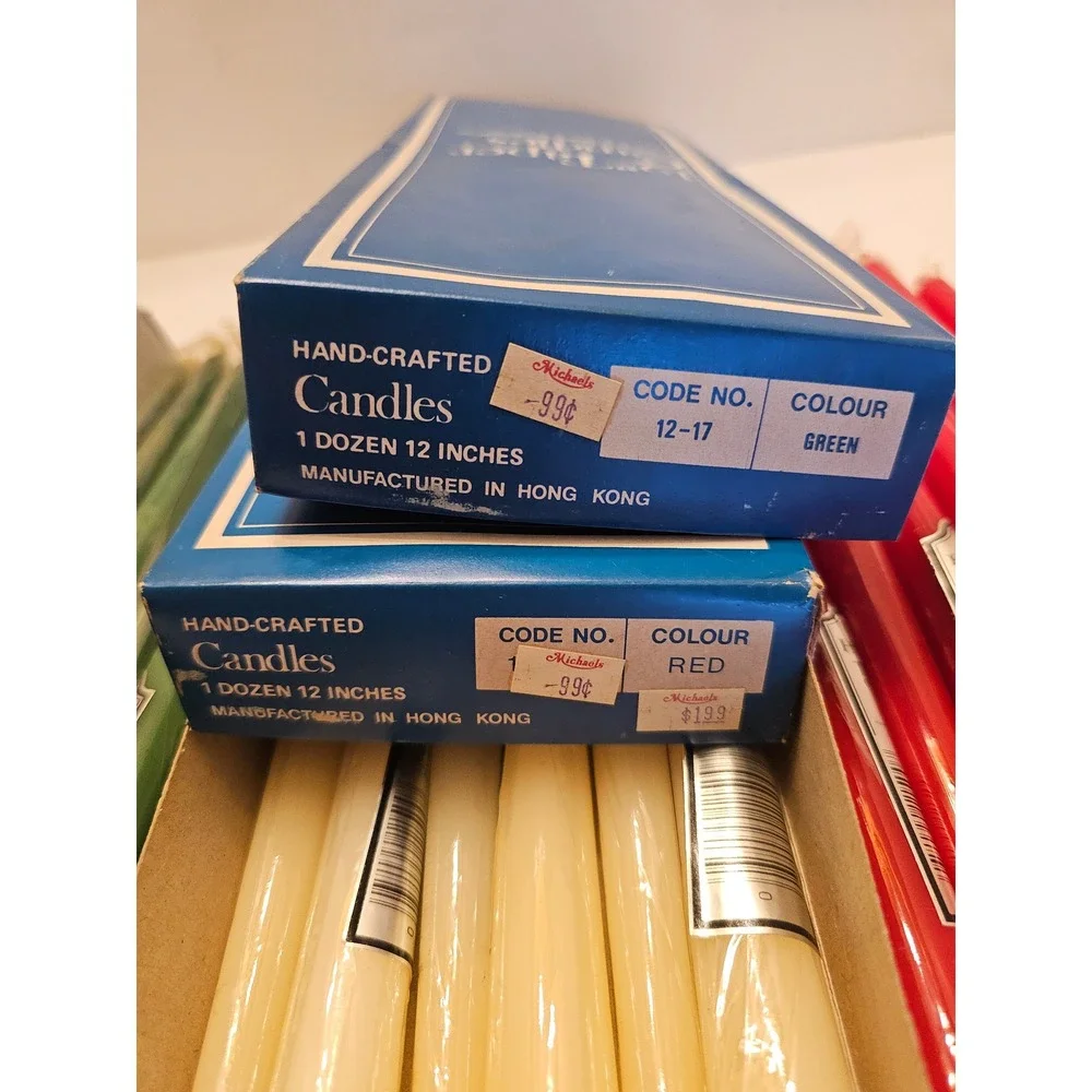 Vintage Heritage 12 Inch Taper Candles Lot Red Green Cream Hand Crafted 24 Count